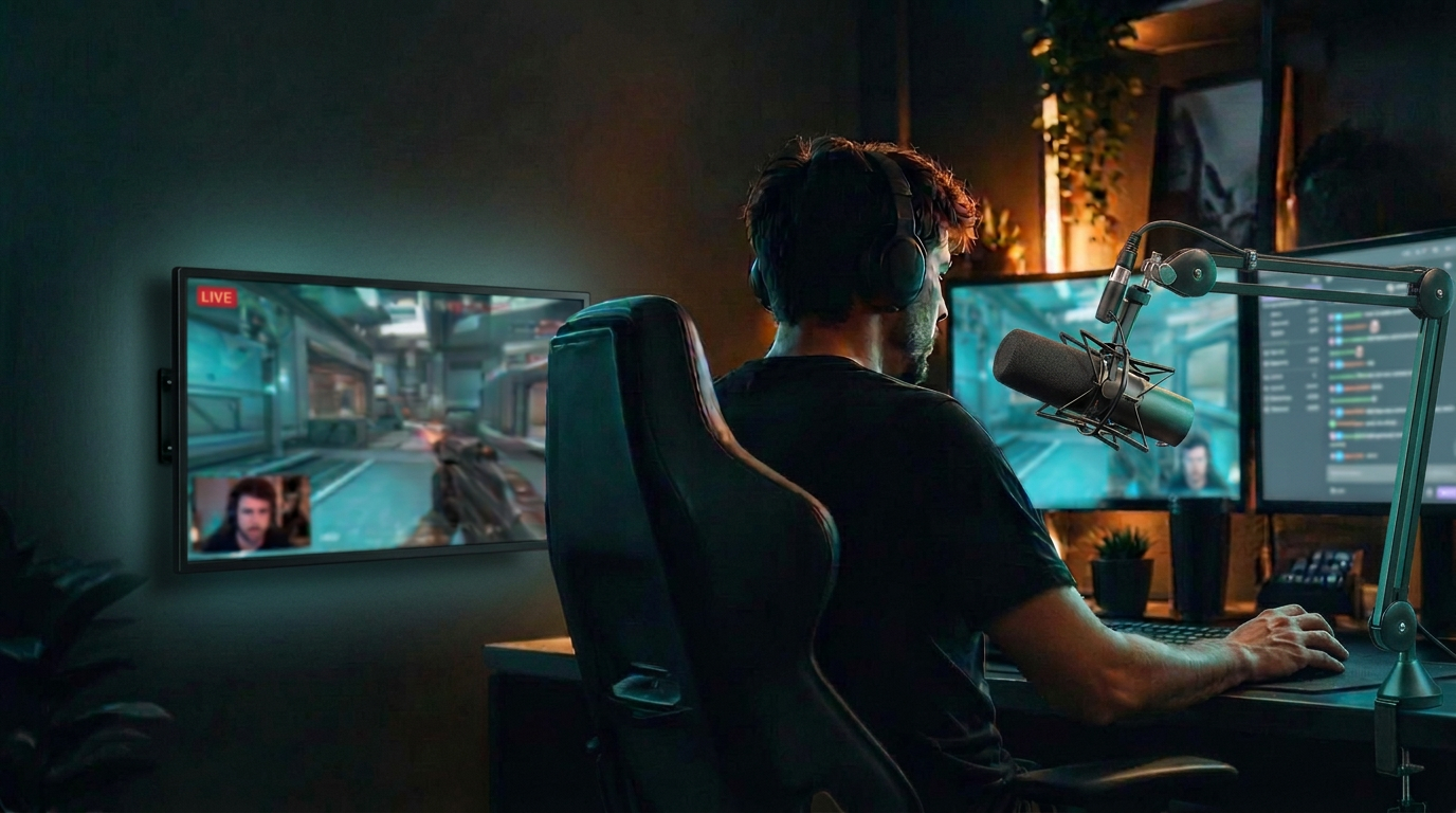 A creator live streaming, with gameplay, a facecam and viewer chat on the screens